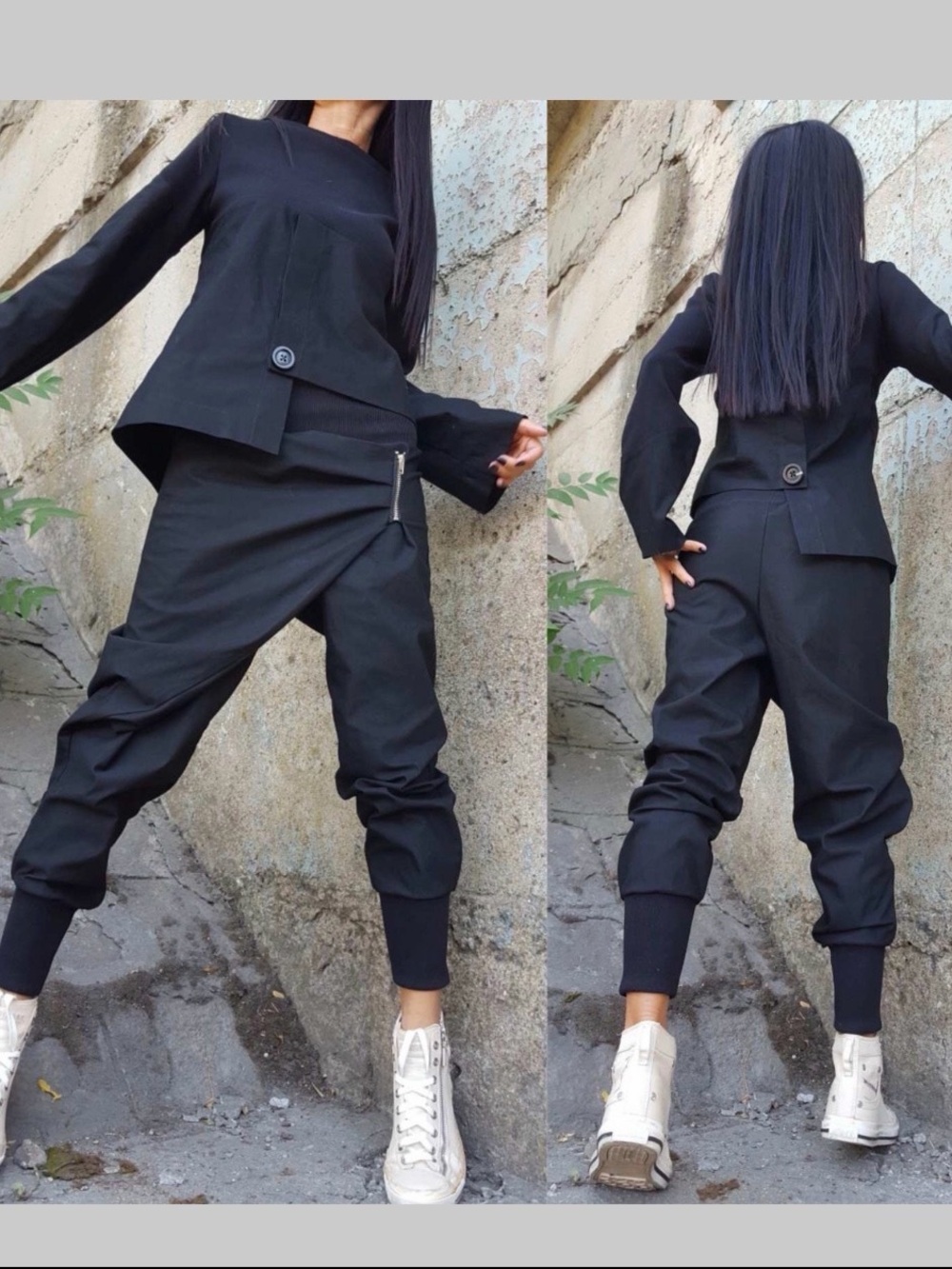 2 piece black asymmetrical outfit.